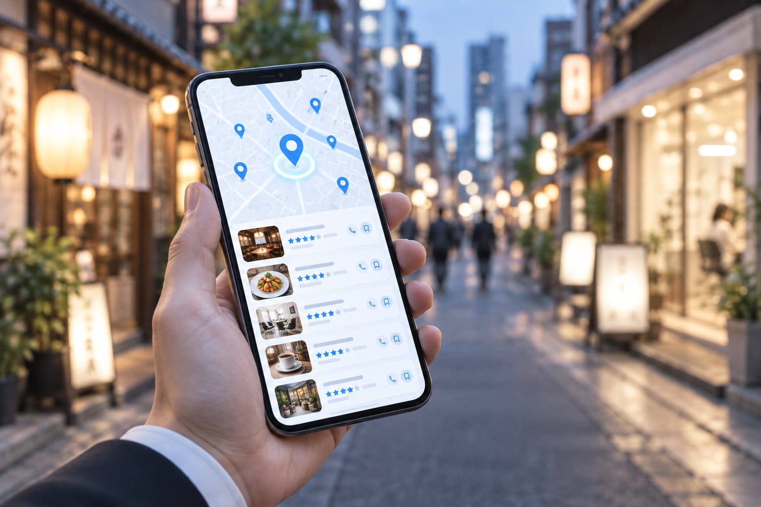 商店街でスマートフォンの地図アプリから店舗を探す様子