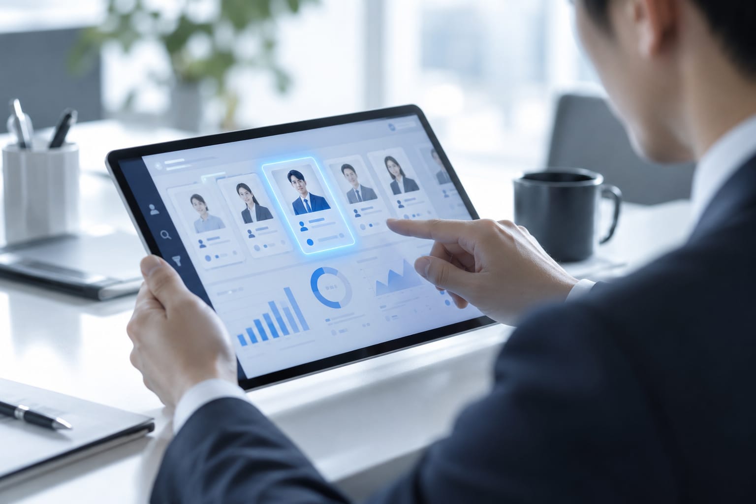 タブレットで応募者データを確認する採用担当者